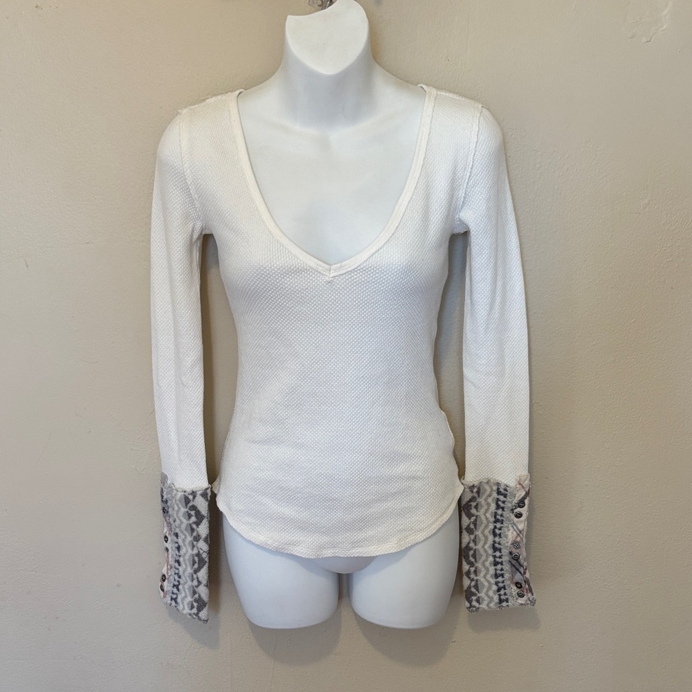 We The Free Cream Long Sleeve Top with Patterned Cuffs